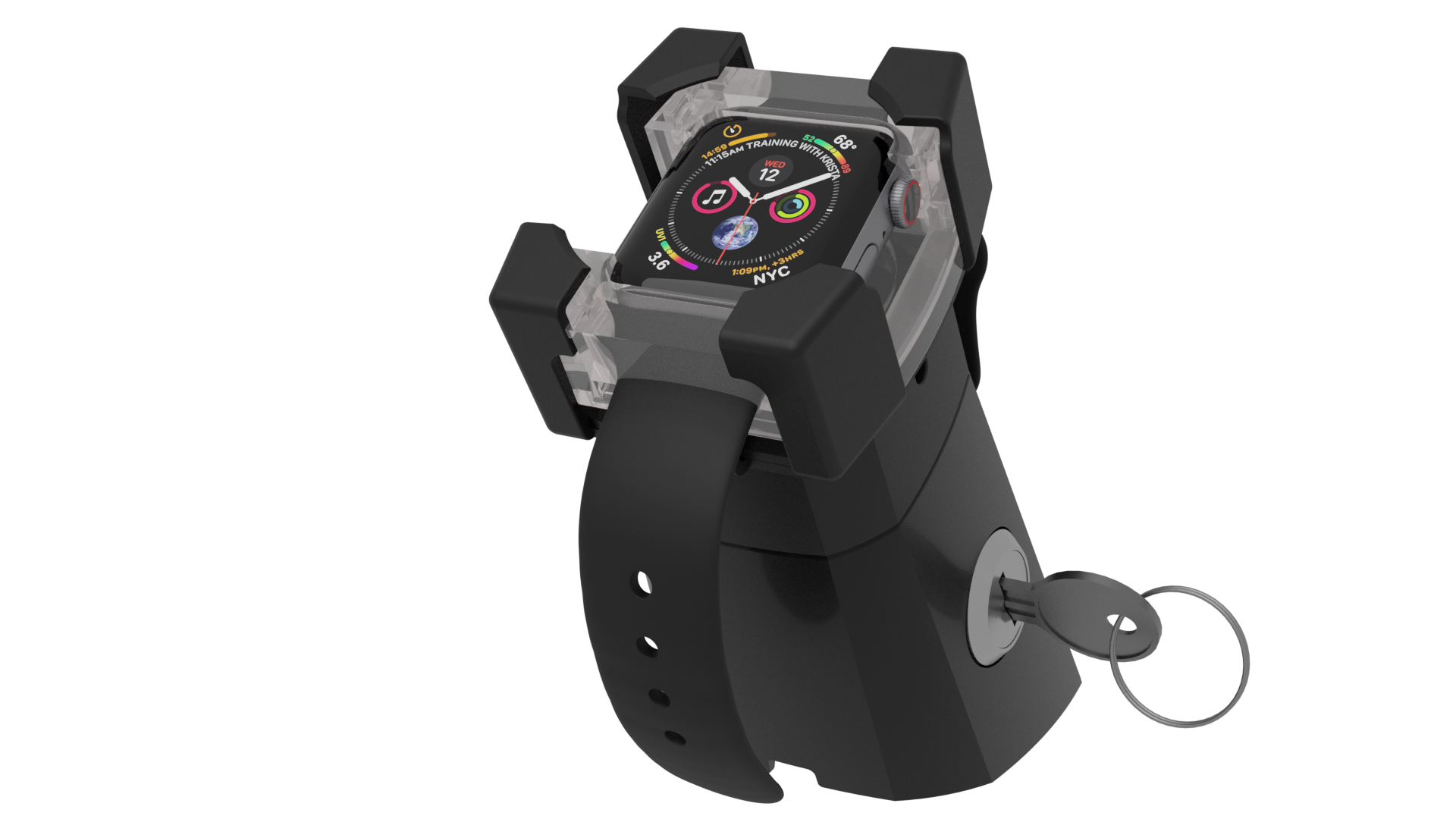 The Titan Keylock shown with a Titan Wearable Bracket securing an Apple Watch.